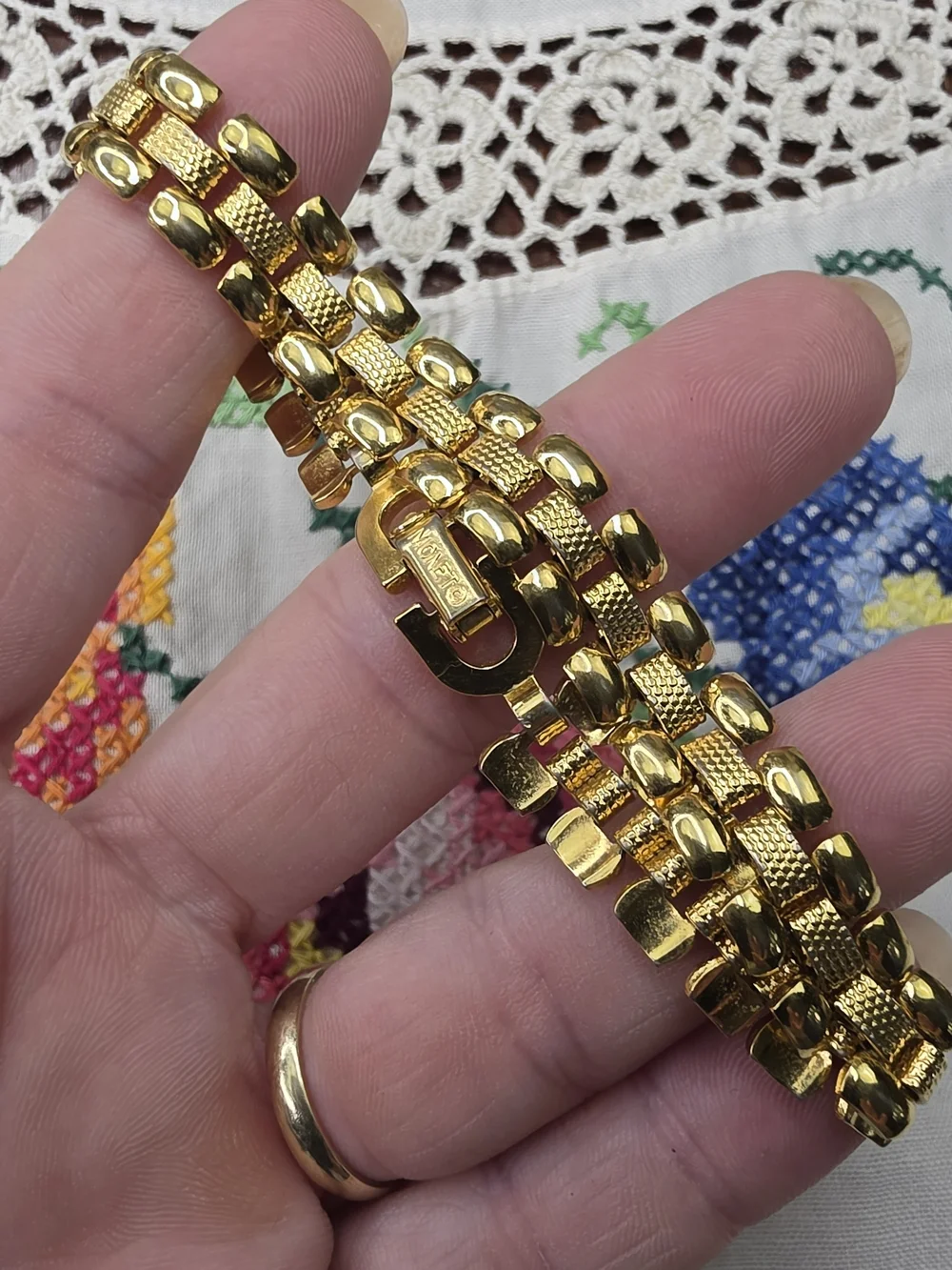 Monet Gold Link Bracelet with Pink and Green Accents
